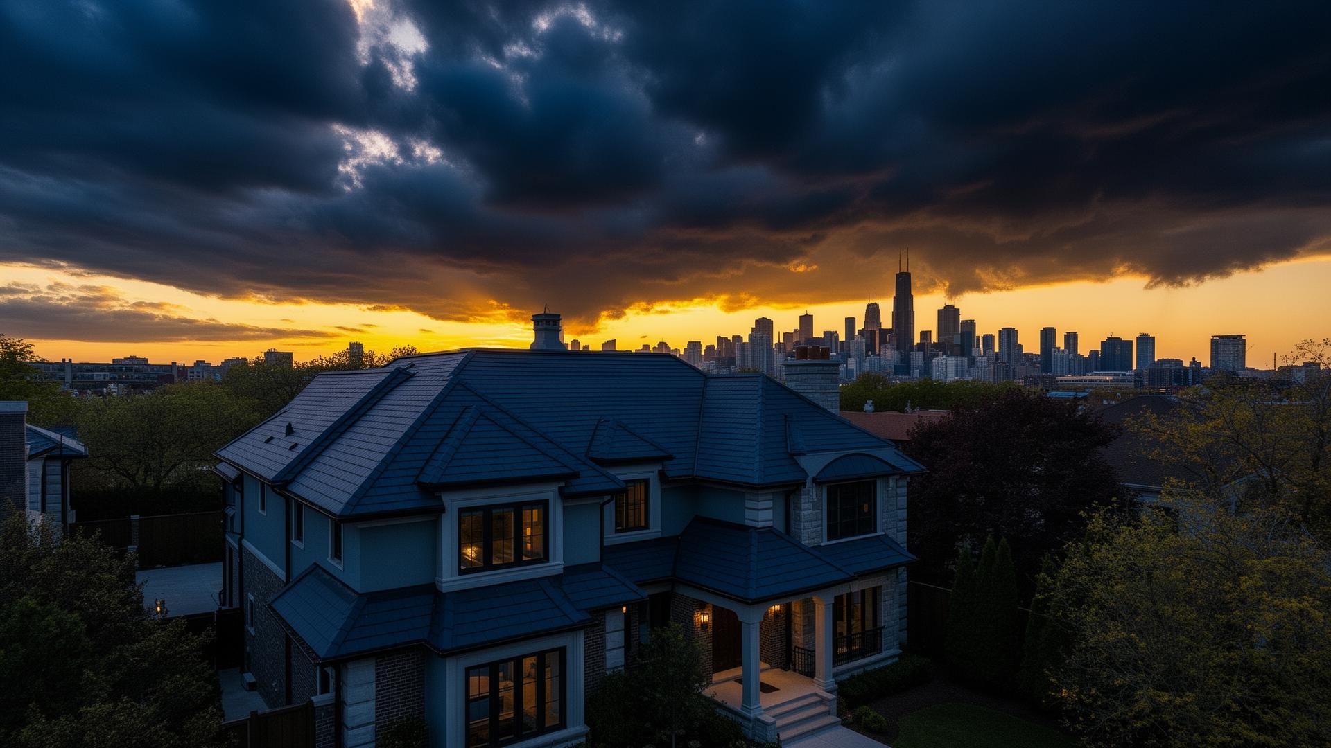 Premium Chicago home with new dark slate roof at sunset