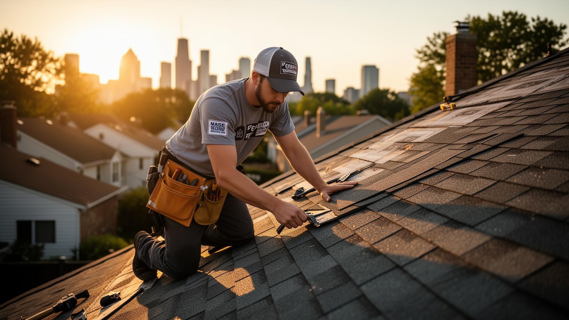 Roofing contractor working on Chicago home